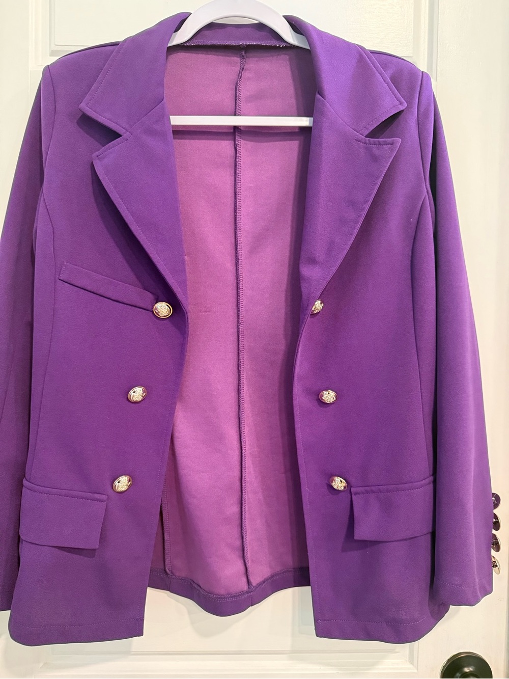 Purple Double Breasted Gold Button Blazer Jacket Women’s Size M Stretch